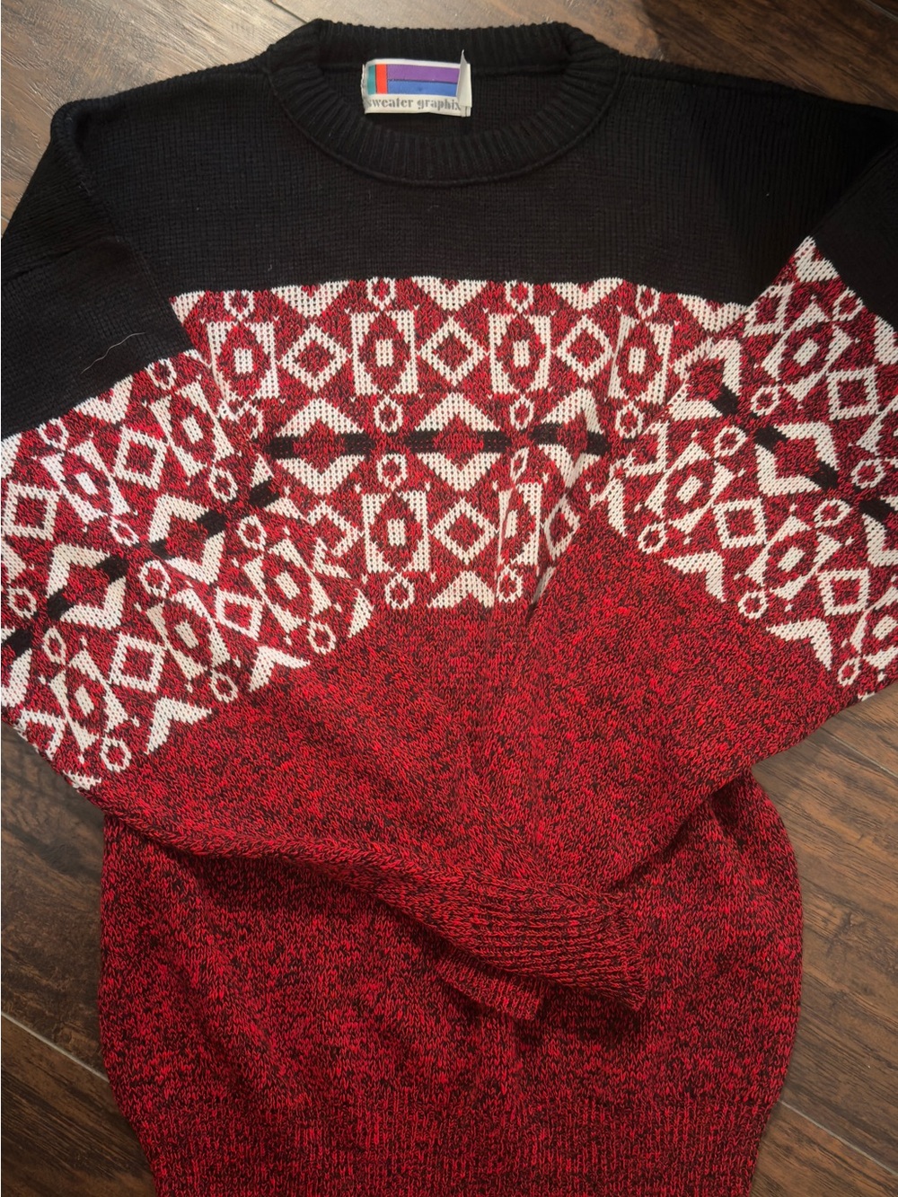Vtg Sweater Graphix Women's Black & Red Fair Isle Crewneck Sweater